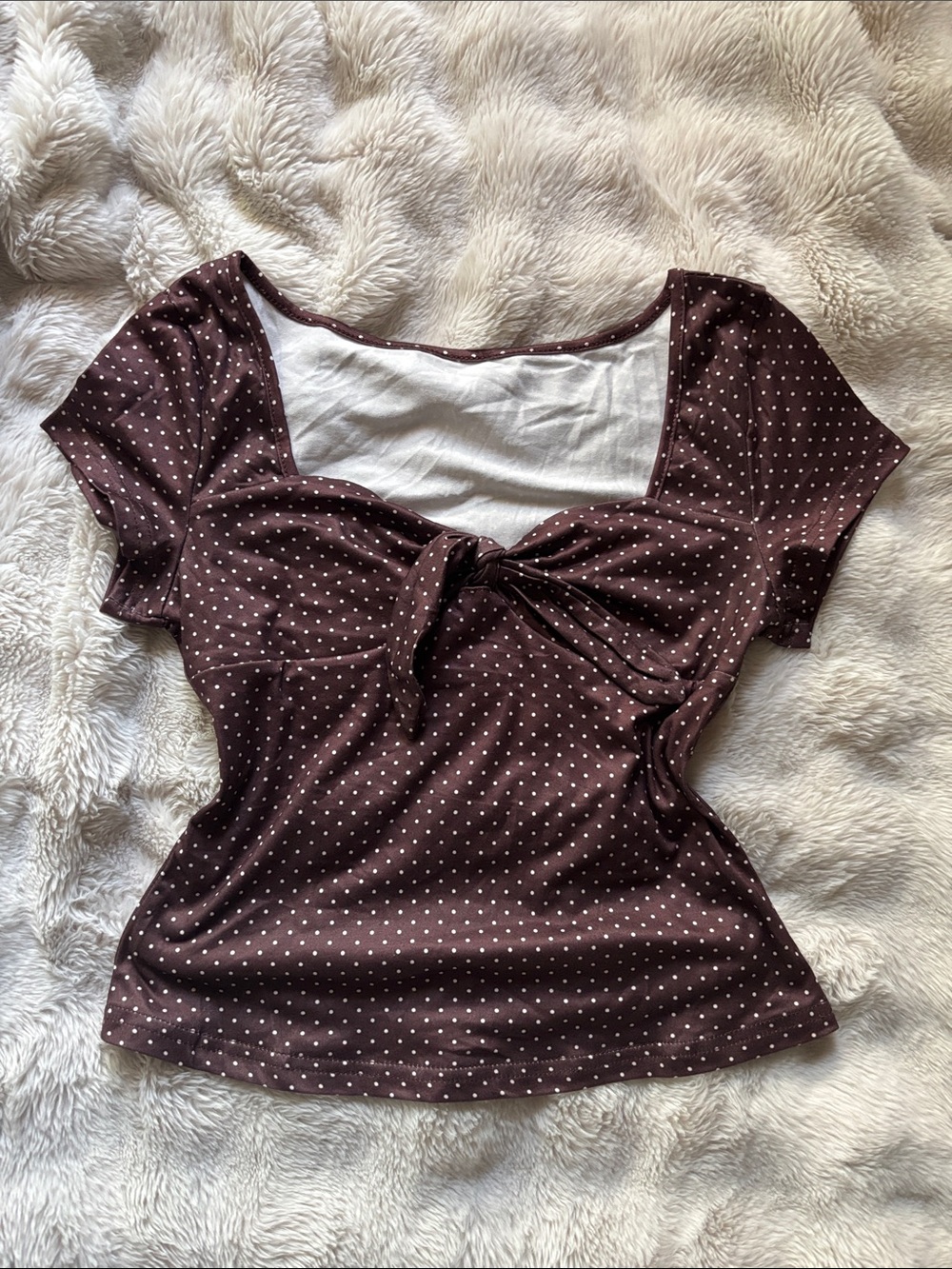 ROMWE Brown Polka Dot Tie-Front Top